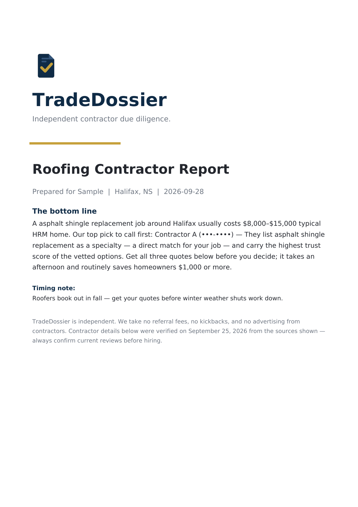 Sample TradeDossier contractor report